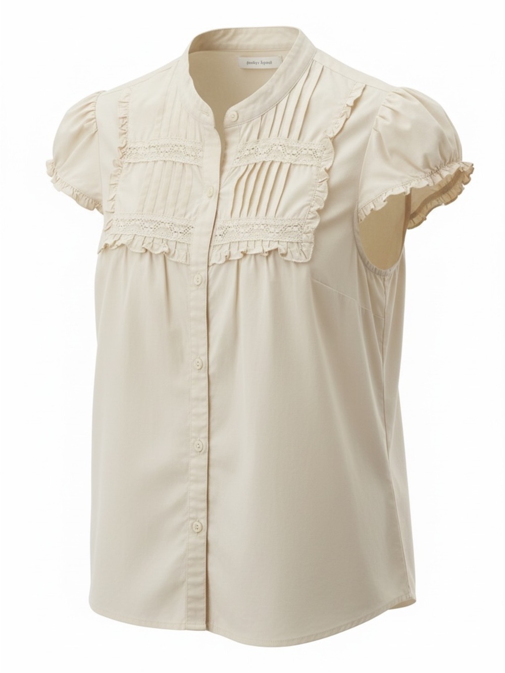 100% Cotton Ivory Cream Ruffle Button-Front Pintuck Blouse Cottage Boho Top S